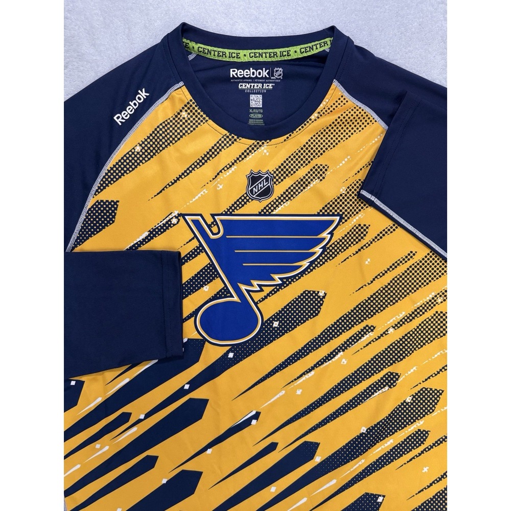 Reebok Pullover Shirt Men XL Blue Yellow Blues Center Ice Collection‎ LS